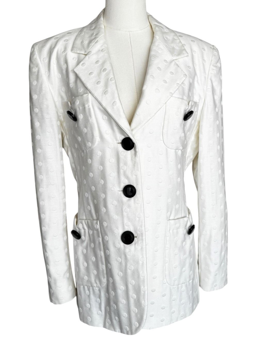 Vintage Escada White Textured Dot Cotton Blazer Black Buttons Germany EU Size:40